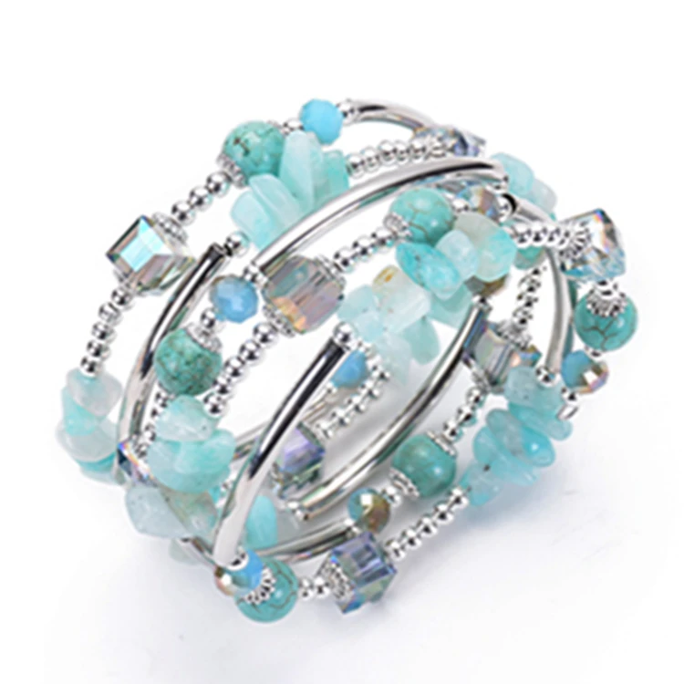 HP-01 Fashion Metal Cuff Bracelet Handmade Jewelry Memory Wrap Spiral Turquoise Bead Natural Crystal Stone Bangle Bracelet
