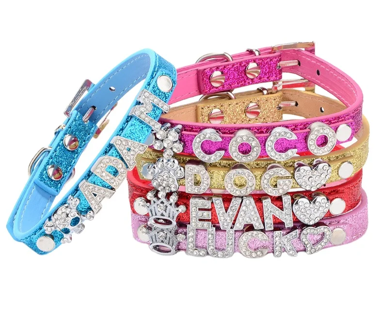 Wholesale Luxury Pet Accessories Colorful Dog Collars with DIY Diamond Letter Glitter PU Leather Pet Collars