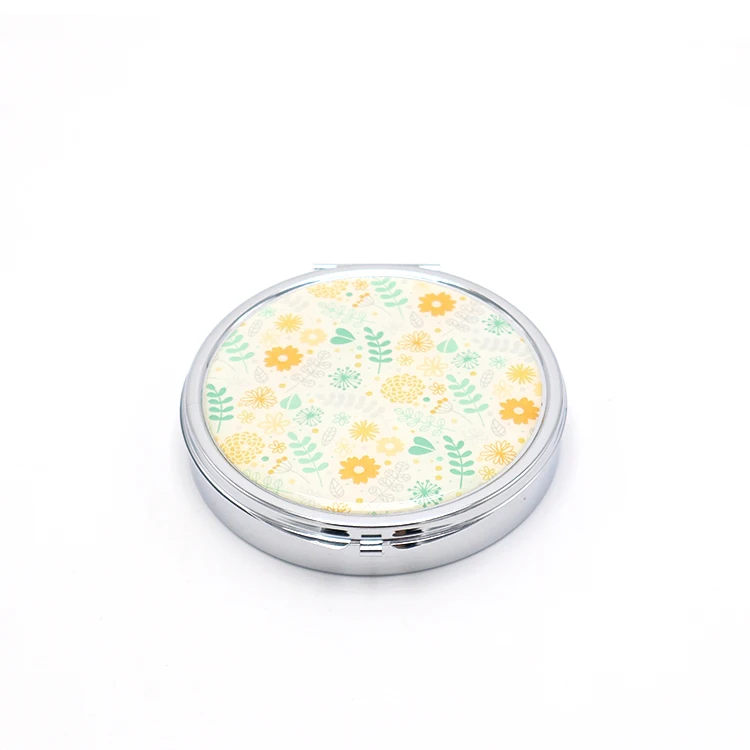 Customized Logo customized designs round shape MOQ free Storage Metal Folding pill case mini mirror