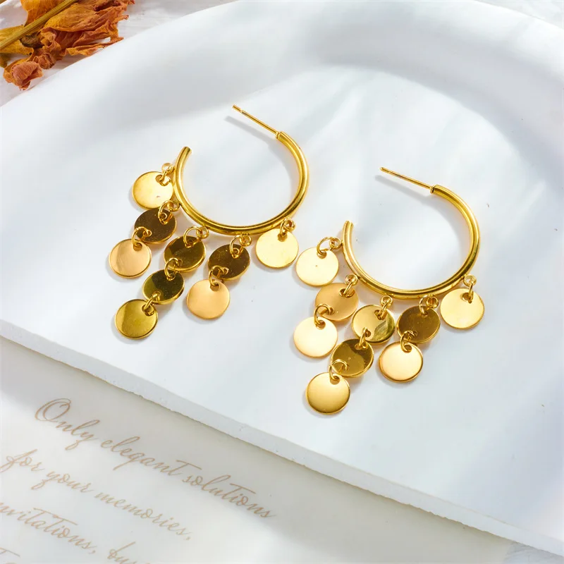 Vintage Stainless Steel 18k Gold Plated Geometric Chandelier Round Disk Tassel Dangle Earrings for Women