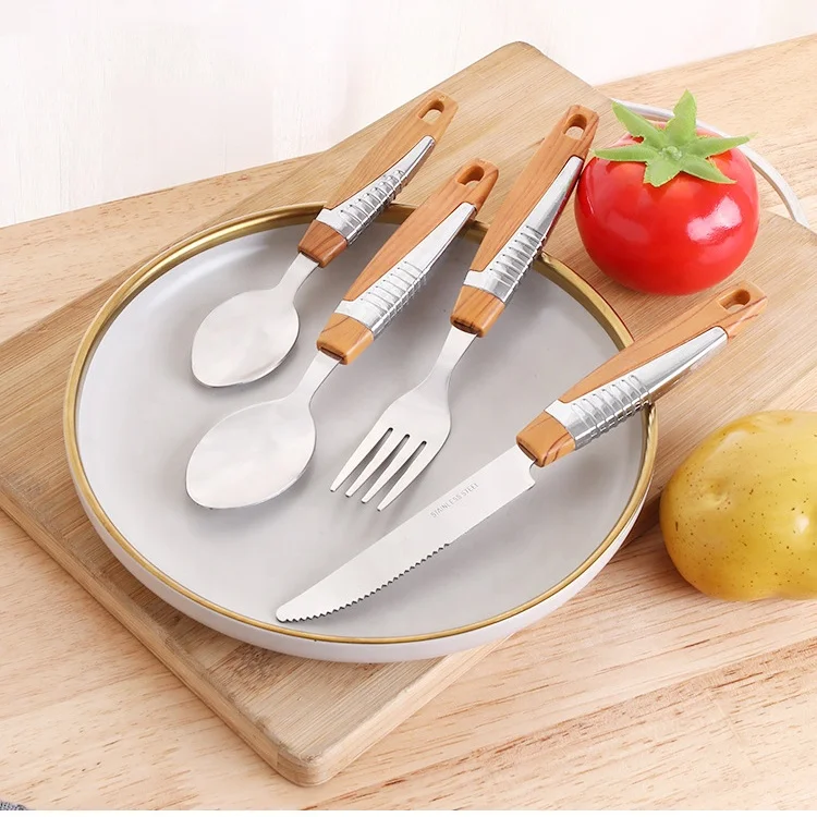 24pcs Dinnerware Wooden Handle Stainless Steel Flatware Set Knife Serve Fork Spoon Portable Tableware Set With Rack