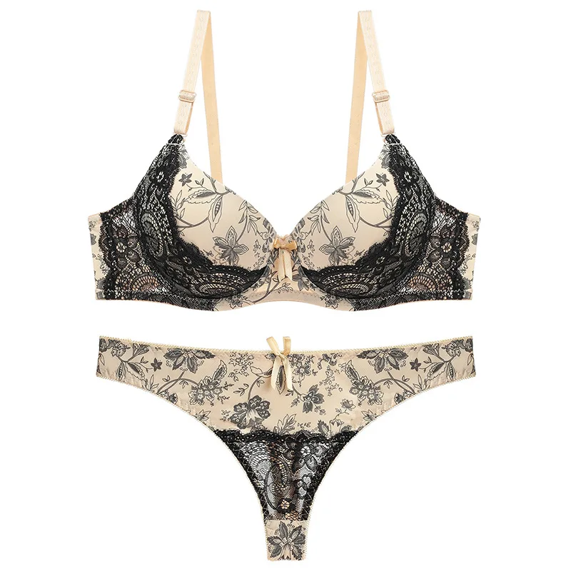 
Factory Direct Sales Womens Sexy Mature Floral Printed Gathered Lace Bra And Panties Sets 