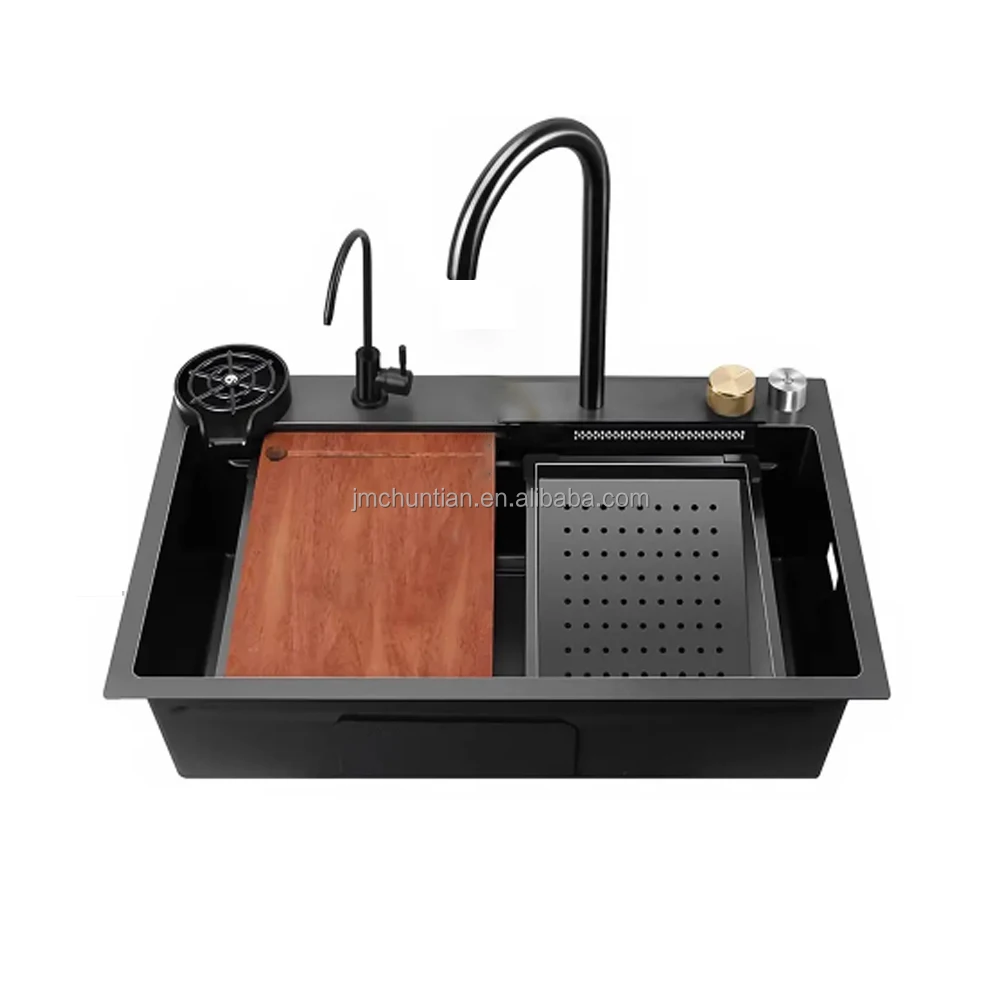 75x45cm nano black workstation waterfall faucet stainless steel kitchen sink with faucet hole and soap dispenser hole and basket