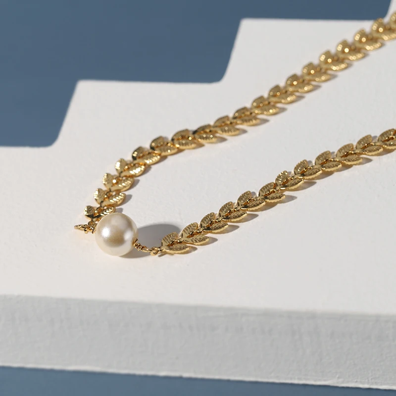  Оптовая торговля золотом 18K золотое покрытие из оливковых листьев жемчужное ожерелье Мода колье для