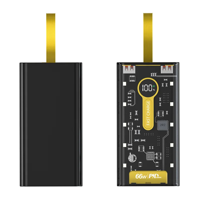 66W ultra fast power bank with built-in 20000mAh cable, large capacity gift, transparent mobile power power bank