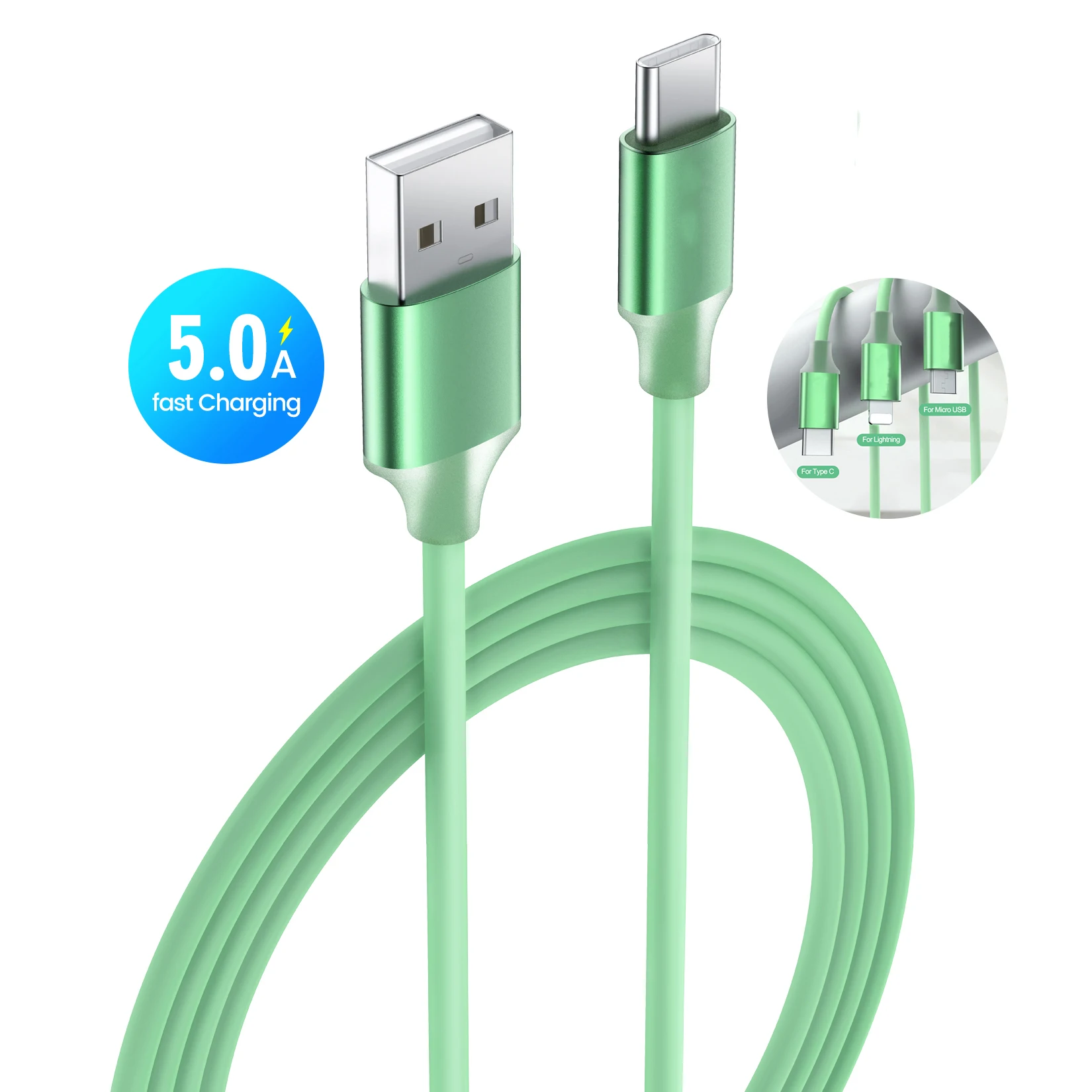 Лидер продаж на Amazon пользовательский 1 м зеленый ПВХ 6 А USB-кабель для передачи данных и быстрой зарядки Usb-кабель типа C 5 мобильного