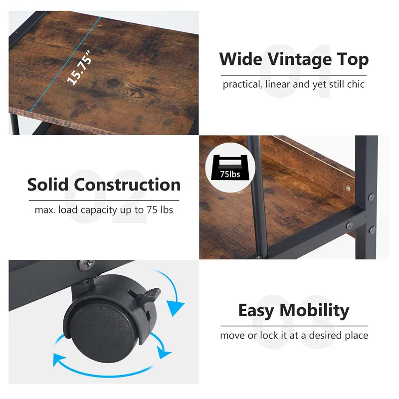 Wooden Compact Mobile Flat Office Filing Cabinet Printer Stand with Metal Frame