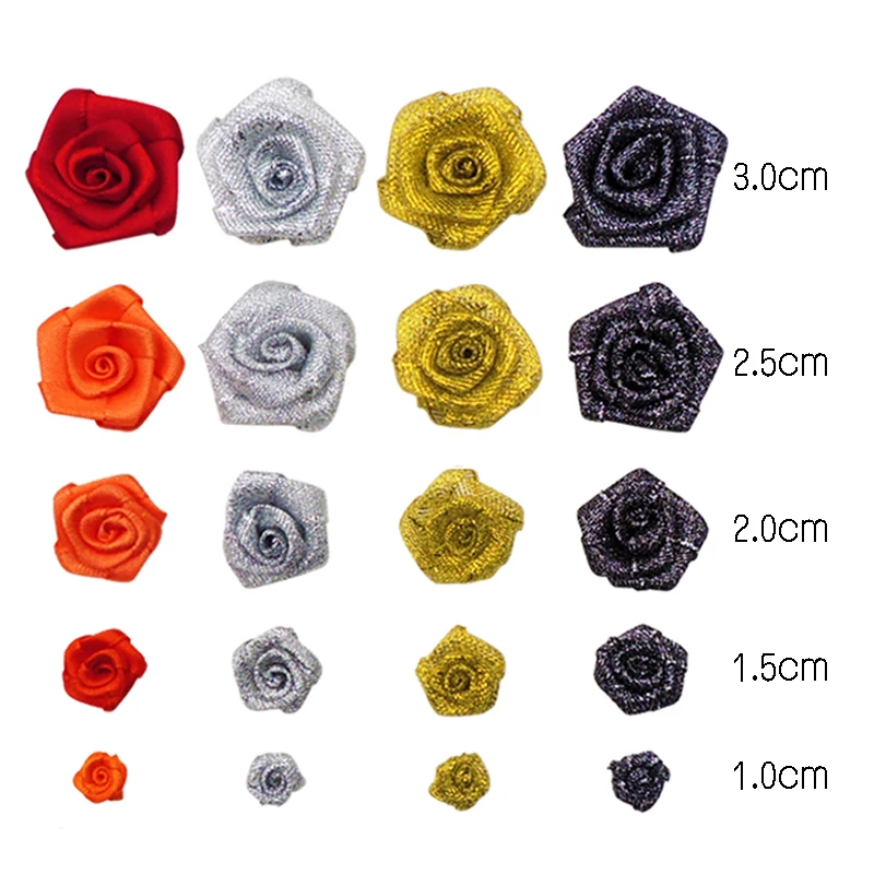 Custom Wholesale 15mm  Mini Ribbon Flowers For Dresses Gold Silver And Colorful Decorative Small Metallic Ribbon  Roses