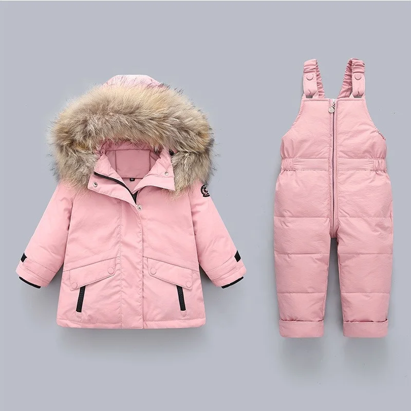 Wholesale Windproof Baby Boy Snowsuit Winter Clothes Toddler Snow Pants and Jacket Kids Girls Down Hoodie Baby Clothes Set Coats