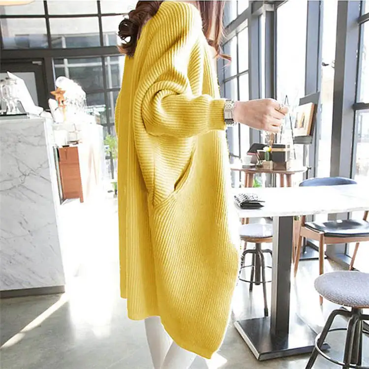 Wholesale Autumn Winter Korean Midi Cardigan Loose Knitted Batwing Sleeve Pockets Long Sweaters Open Front Cardigans For Women