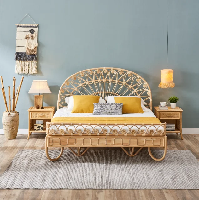 
Hot Selling New Design Bedroom Furniture Cane Double Bed Frame King Queen Size Natural Rattan Wicker Bed 