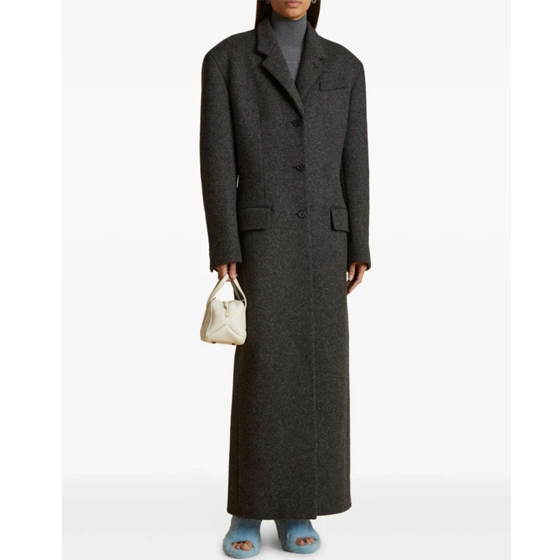 OEM Long Sleeve Single Breasted Slim Waist Woolen Long Coat Women