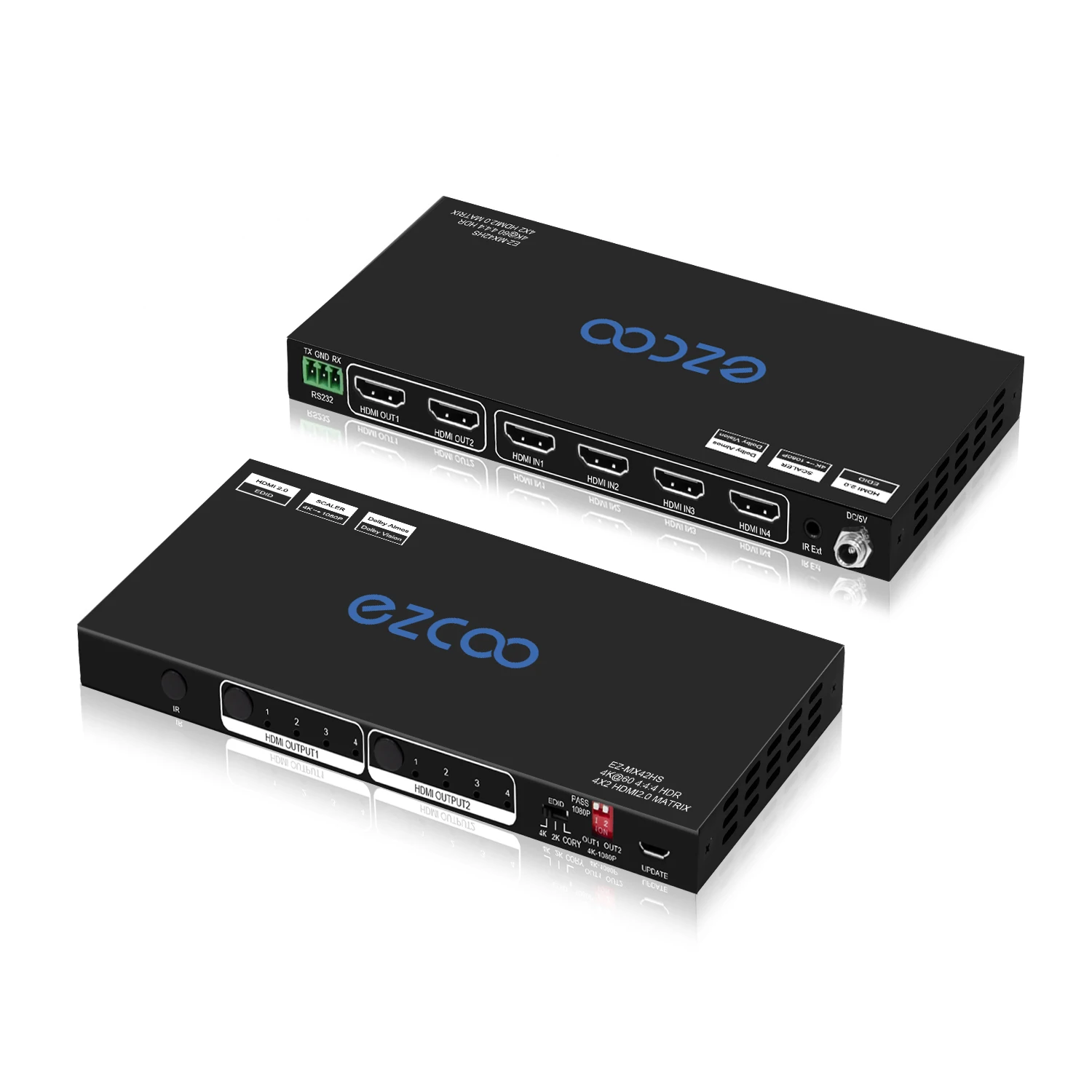 HD-MI Matrix 4x2 4K 60Hz 444 HDR 10 Atmos 18Gbps EDID Scaler 4K 1080P HD-MI Matrix 4 in 2 Out HDCP2.2 RS232 IR Ext Remote