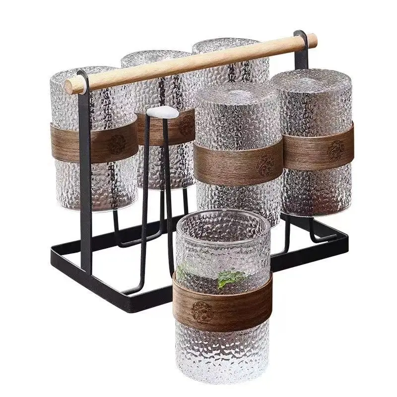 Ribbed Hammer Heat Resistant Cone Shape Tea Cups with Removable Strainer and Wood Decorations Glass Tea Infuser