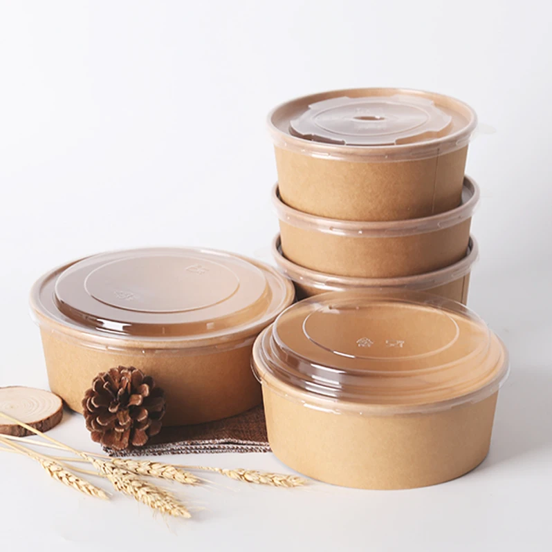 Disposable Custom Printing Food Packing Box Container Salad Kraft Paper Bowl With Lid