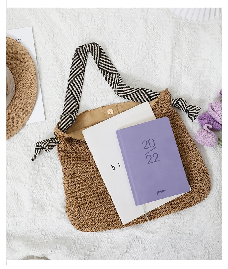 casual beach strap shoulder wear sling bag women straw crochet woven natural straw beach tote handbag with embroider strap