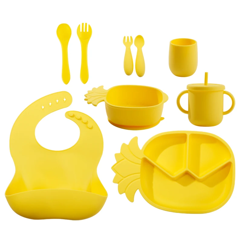 Leatchliving Food Grade Pineapple Fruit Silicone Suction Plate Bowl Baby Feeding Tools Set with Spoon Fork