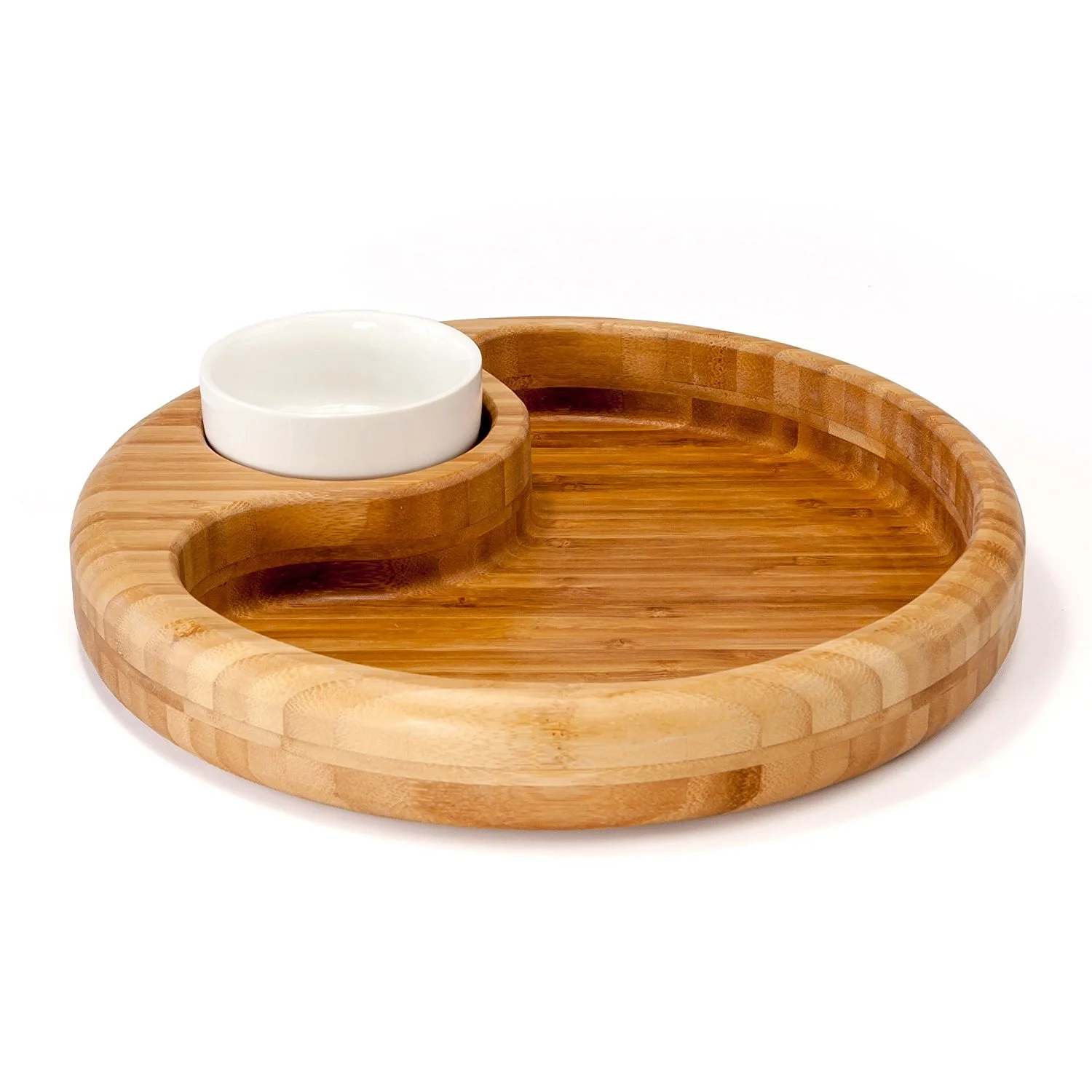 100% Natural High Quality Hot Sale Round Shape Bamboo Chip And Dip Tray With Ceramic Bowl