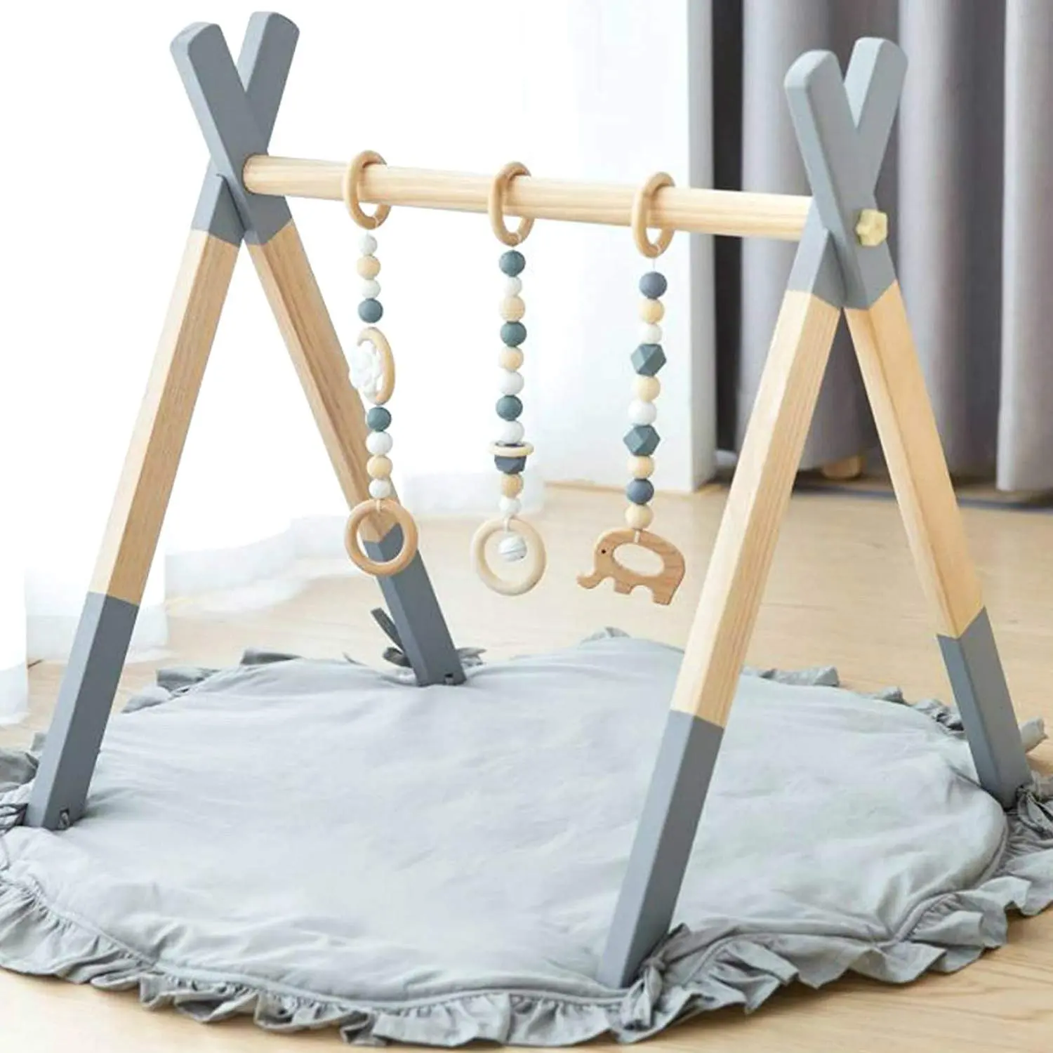 Wooden Foldable Infant Activity Gym with Mat Baby Play Gym Frame Hanging Bar Activity Gym Hanging Toys
