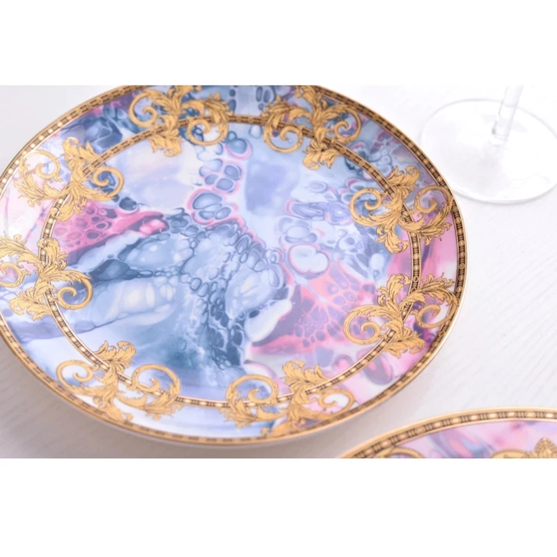 Western Dinner Plate 10inch And 8inch Steak Flat Tray Bone China Dinnerware Set Golden Edge Luxurious Tableware