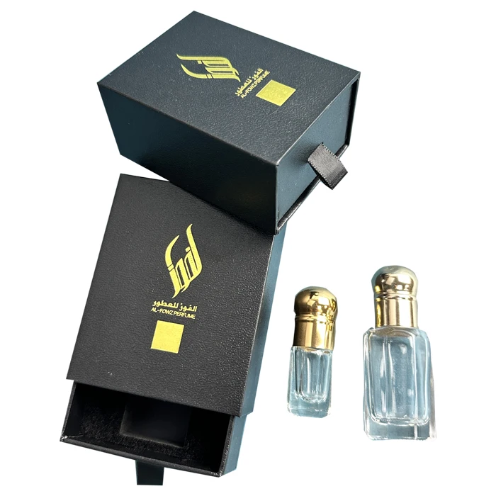 Square Gift Perfume Bottle Drawer Slide Box Packaging Gold Foil Logo Luxury Rigid Black Box 3ML 6ML 12ML Custom Cosmetic Box
