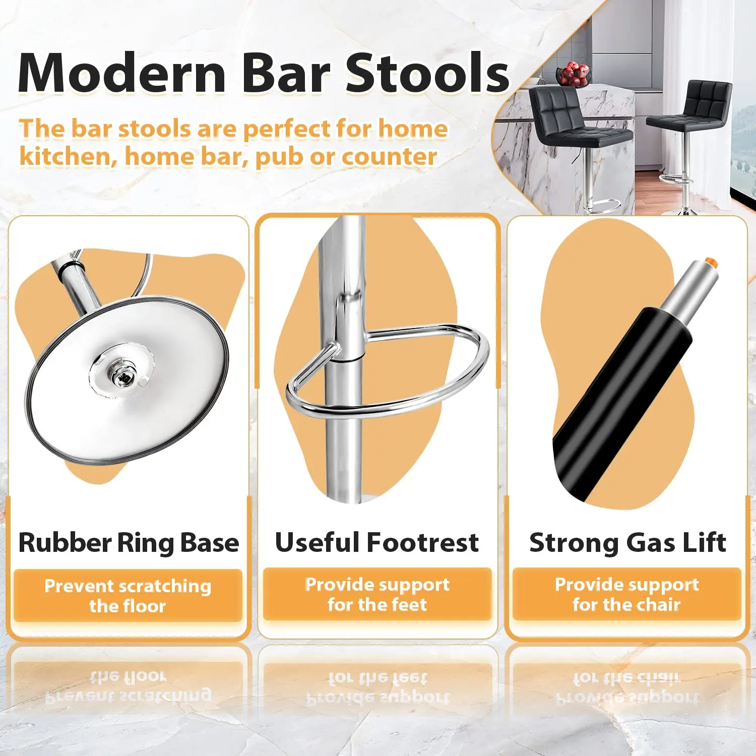 Modern High Bar Stool Chair Counter Height  Square Pu Leather Adjustable Swivel Gray Bar Stools With Back