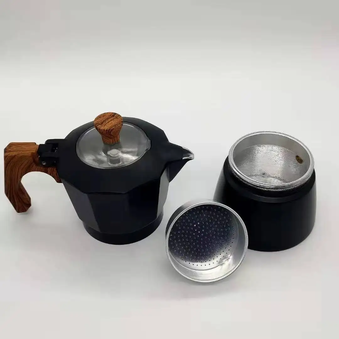 Transparent Cover Moka Pot Espresso Stove Top Coffee Maker with Wooden Handle