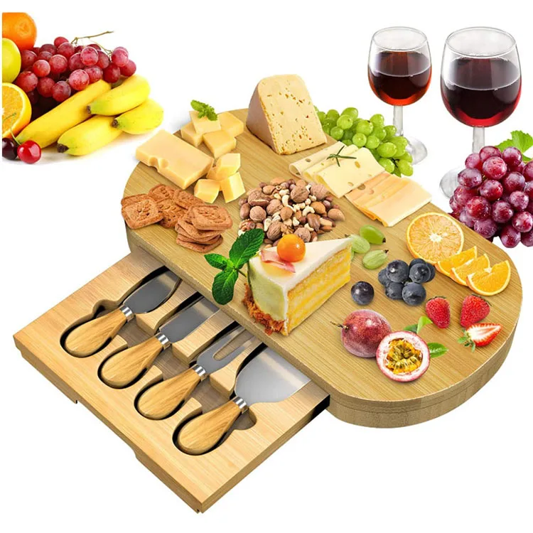 Natural  Bamboo Cheese Board Charcuterie Platter with 4 Stainless Steel Cutting Knives