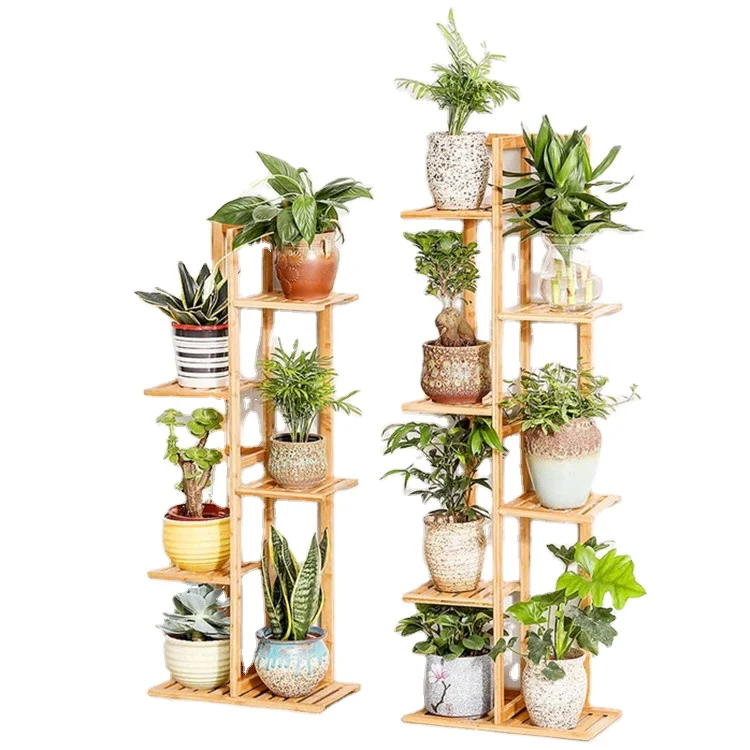 custom 5-tiers Bamboo Vase Shelf Stand Adjustable vase rack Multi Function Wooden planter Flower rack for Indoor and Outdoor for wholesale