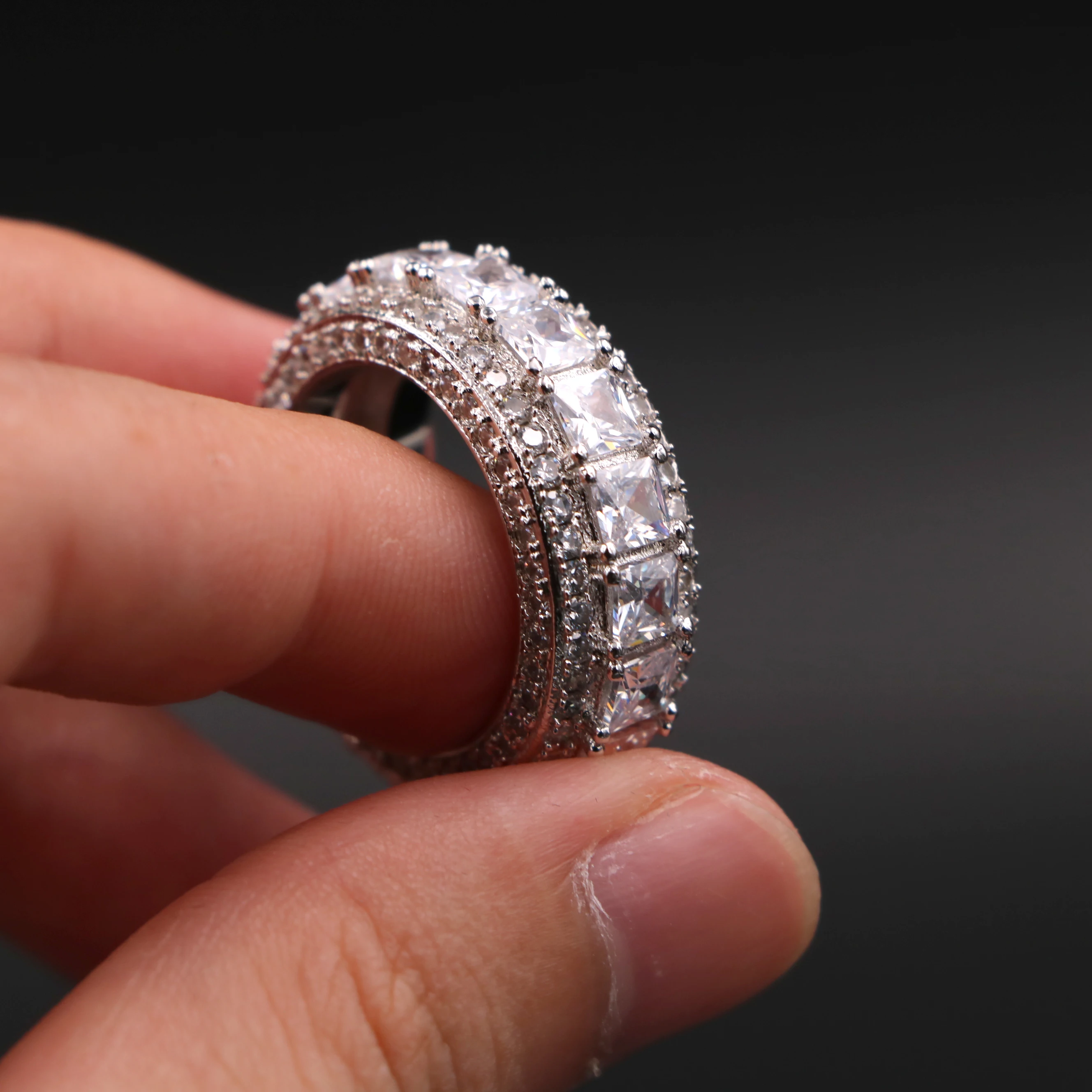 Mister Jewelry Prong CZ Pave White Gold Layer Baguette Men Diamond Band Ring