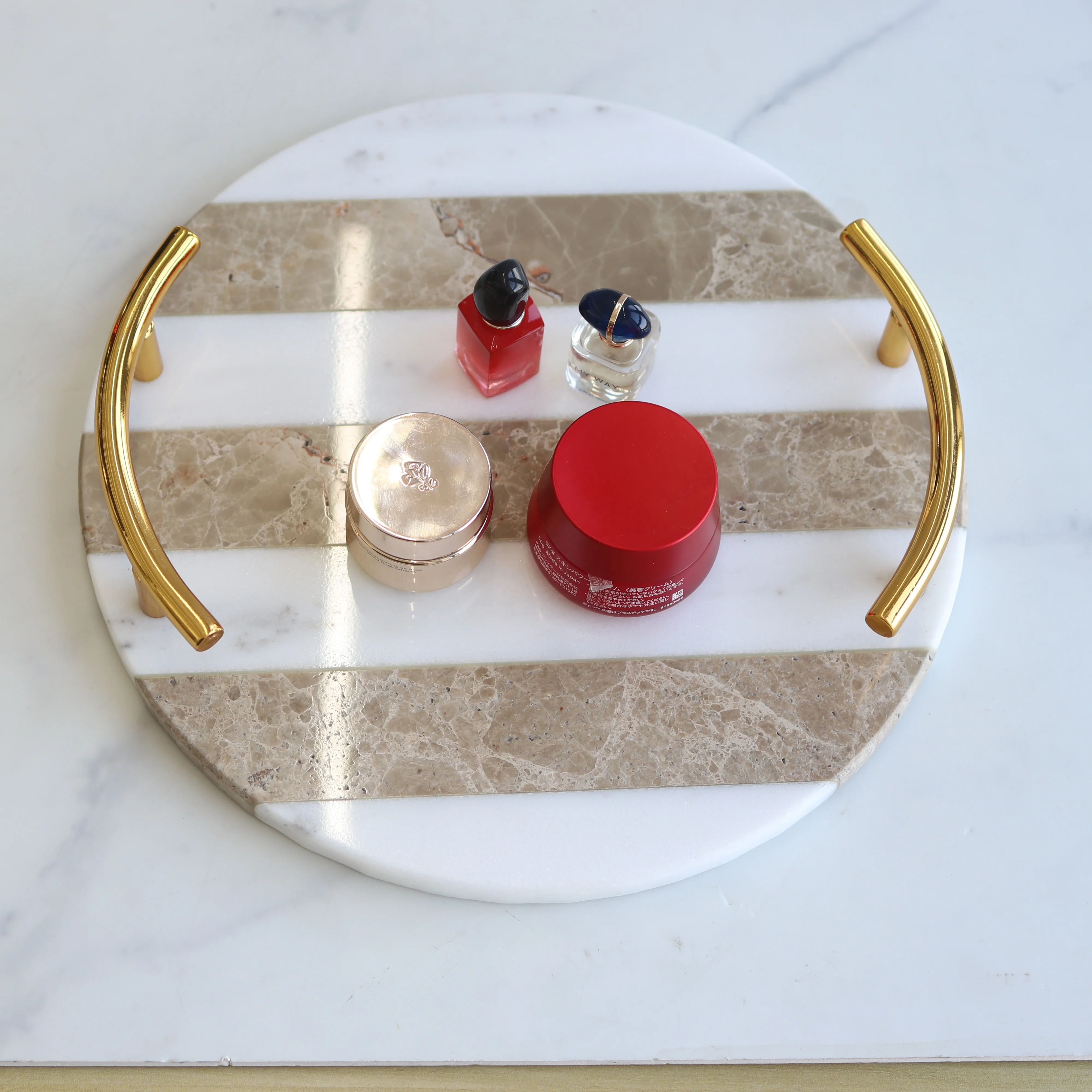 New design gold handles round hotel bathroom luxurious white gray stripe customize deco marble tray premium