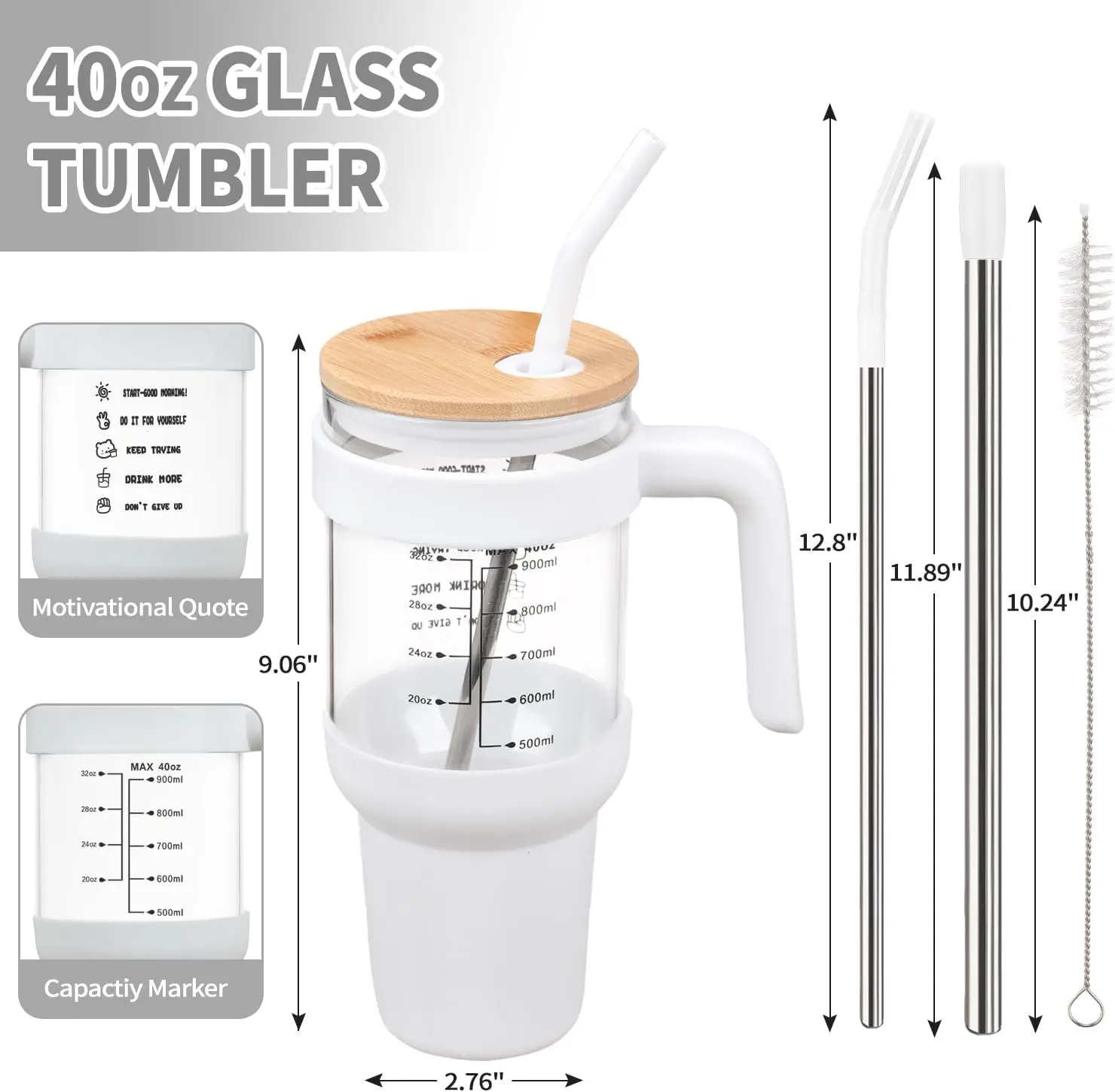 Glass Water Bottles 40 oz Iced Coffee Cup Glass Tumbler with Bamboo Lid and Straw with Handle with Silicone Sleeve