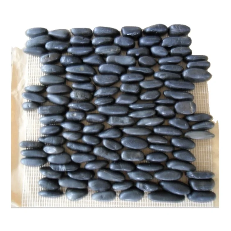 High Quality Landscaping Natural Black Pebbles Stone Floor Mat Meshed Ready Tiles Sheet 30x30