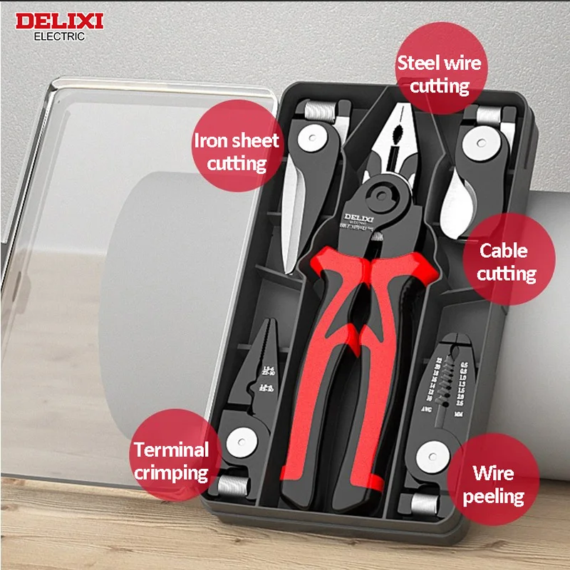 DELIXI ELECTRIC 5 In 1 Electrician Plier Needle Nose Plier Multifunctional Hardware Household Manual Tool Set for Wire Stripping