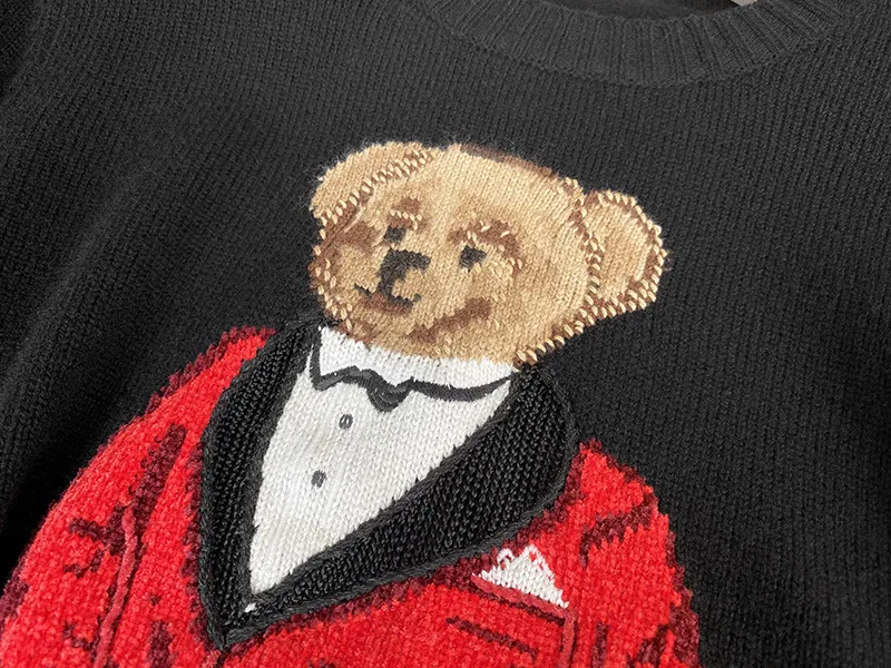 Women British Style Jacquard Knit Gentleman Bear Black Cashmere Sweater