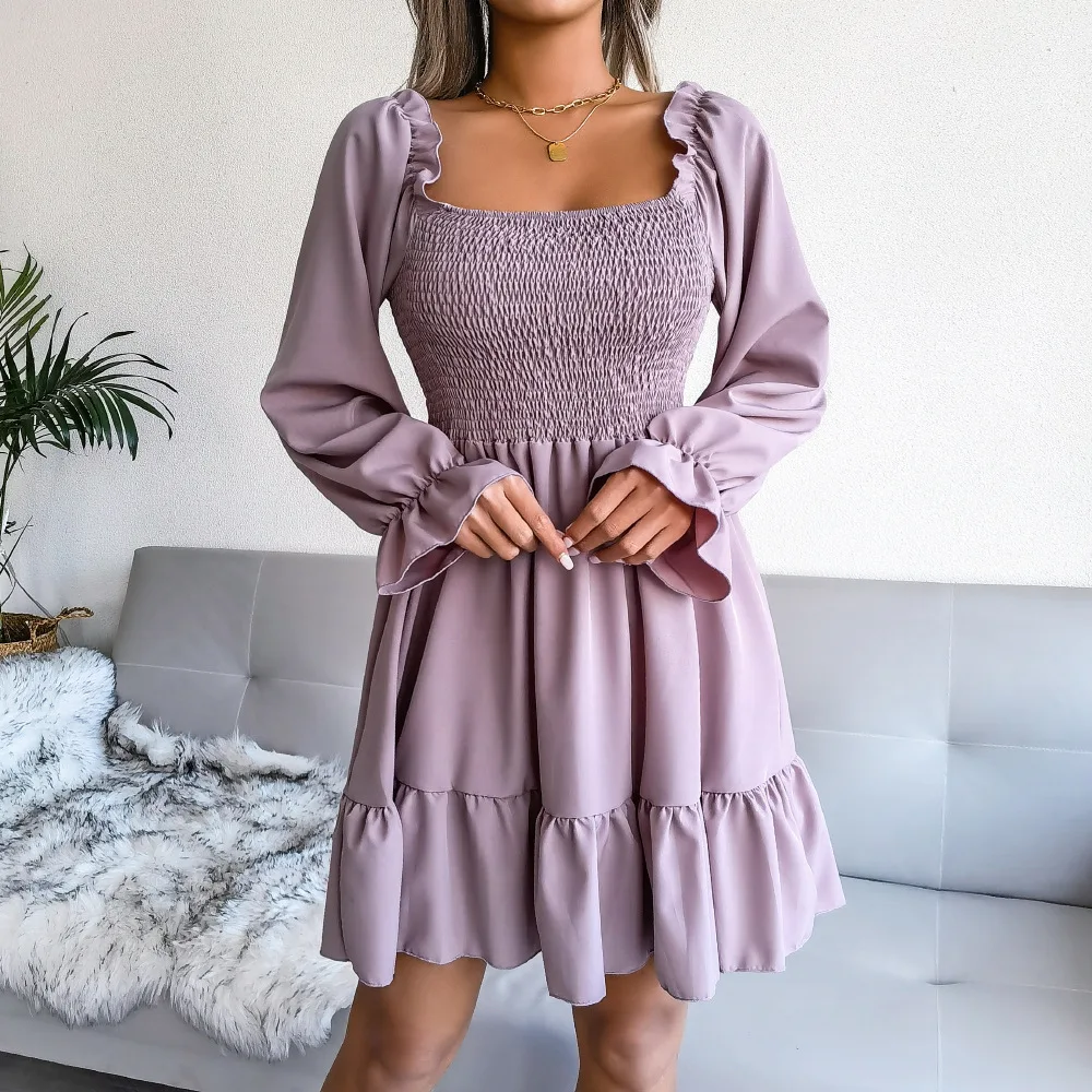 Fashion Hot Sale Flared Long Sleeve Party Maxi Dress Women Summer High Waist Casual Dresses