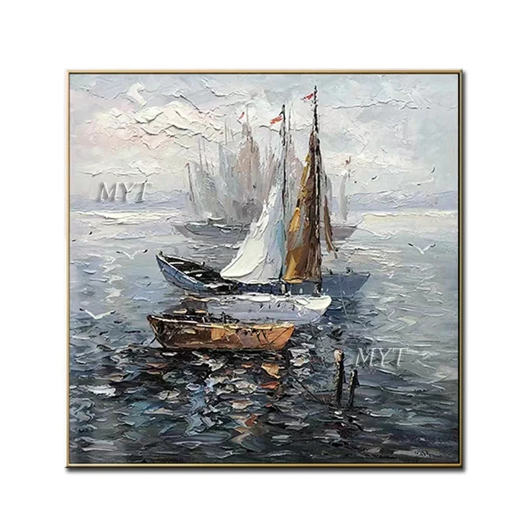 Latest Wall Paintings Picture Art Handmade Canvas Seascape Boat Oil Painting For Home