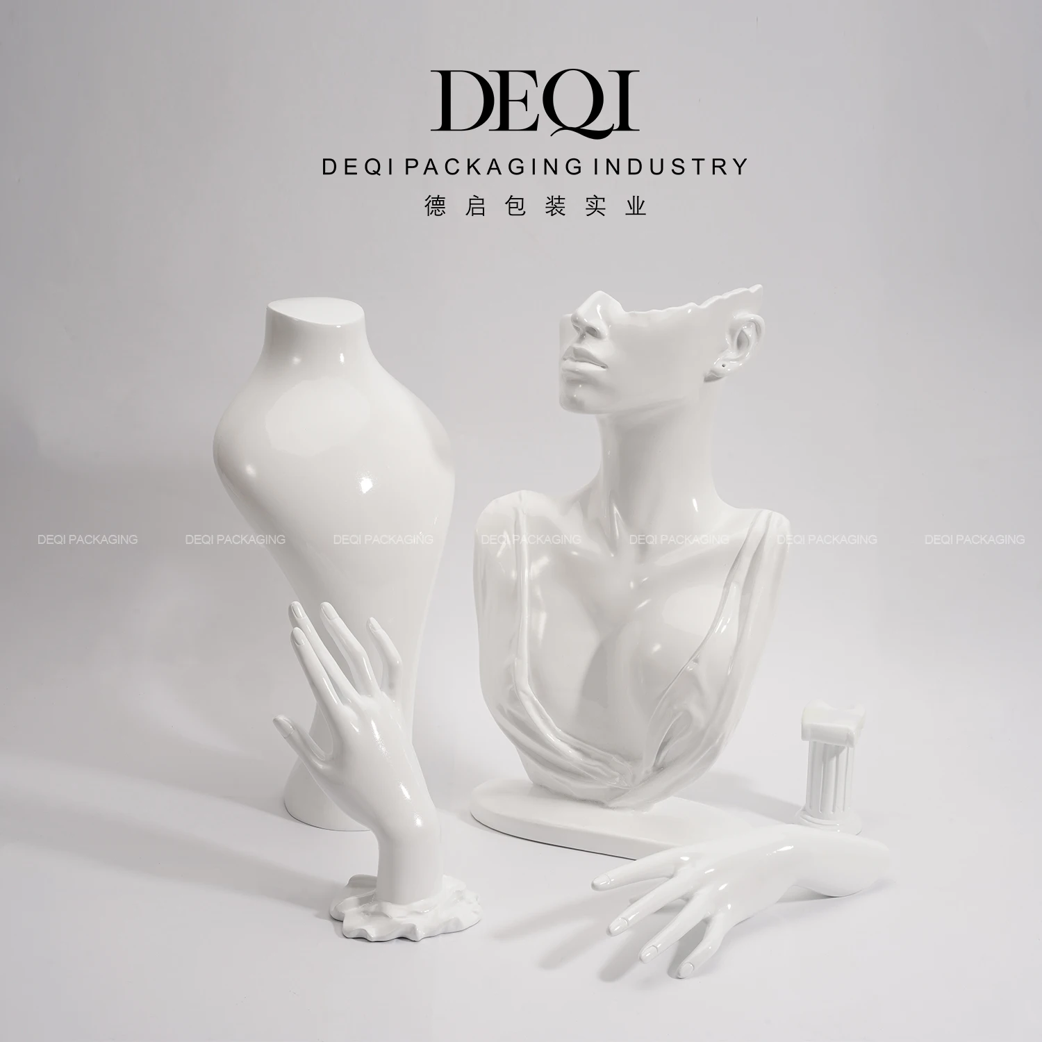 White jewelry display stand and bust packaging sets for customized portrait luxury modern logo showcase necklace ring earring