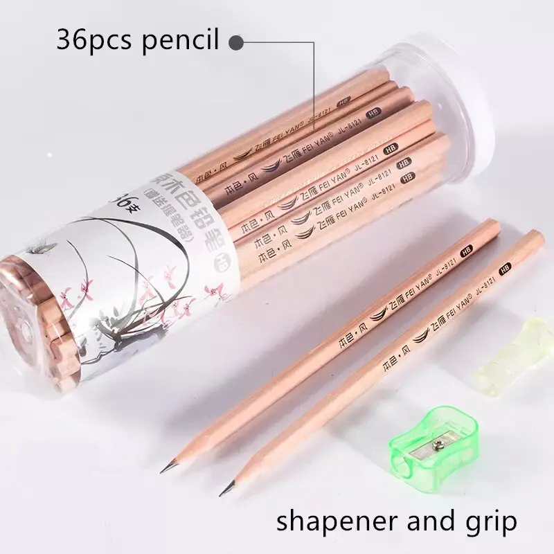 FEIYAN student stationery nature soft wood HB pencil 36pcs pencil with sharpener grip packing in PET Drum tube for child