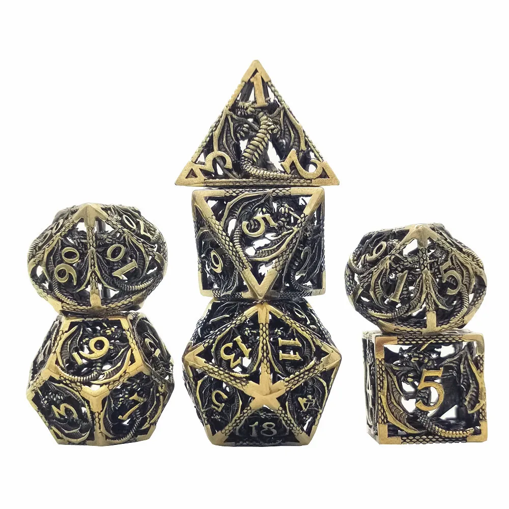 Hot Sale 7 Pieces Metal Hollow Dragon Dice Antique Copper Gold Brass Shiny Silver Rainbow Ntitanium Metallic Dice