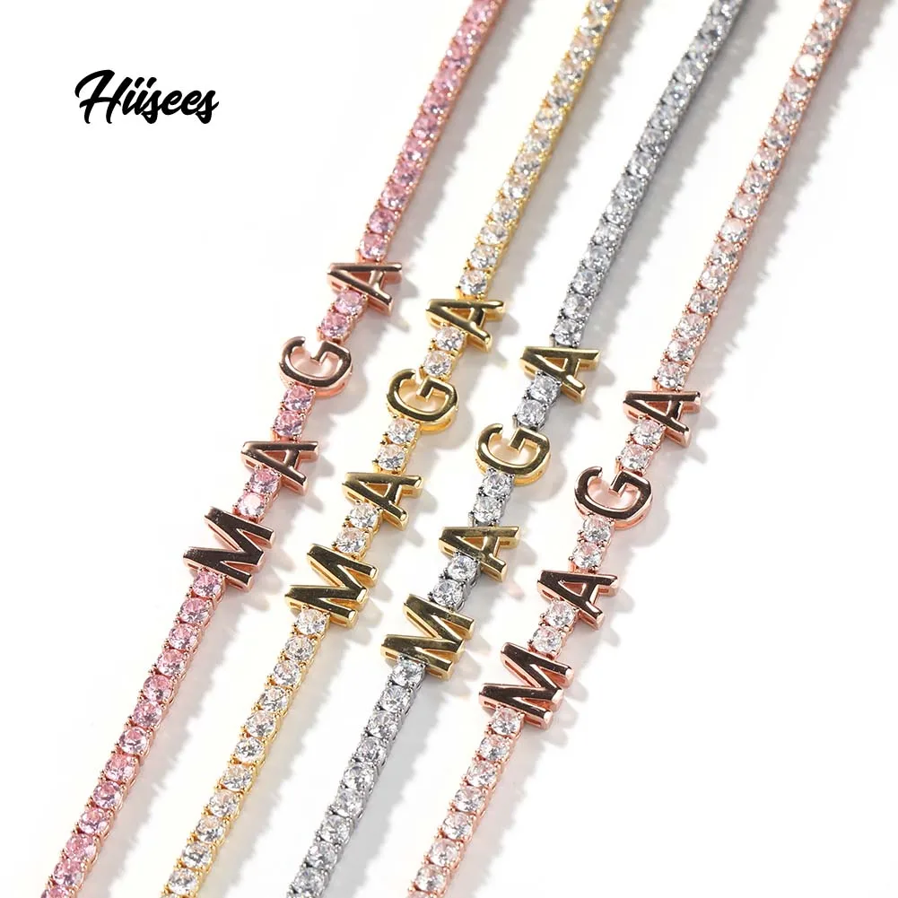 DIY custom name plate MAGA bracelet 3mm tennis bracelet Make America Great Again  pink red stone tennis bracelet for women