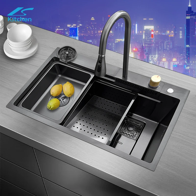 LS-7545B High end многофункциональный раковина из нержавеющей стали для волочения проволоки nano черный темно-серый цвет и