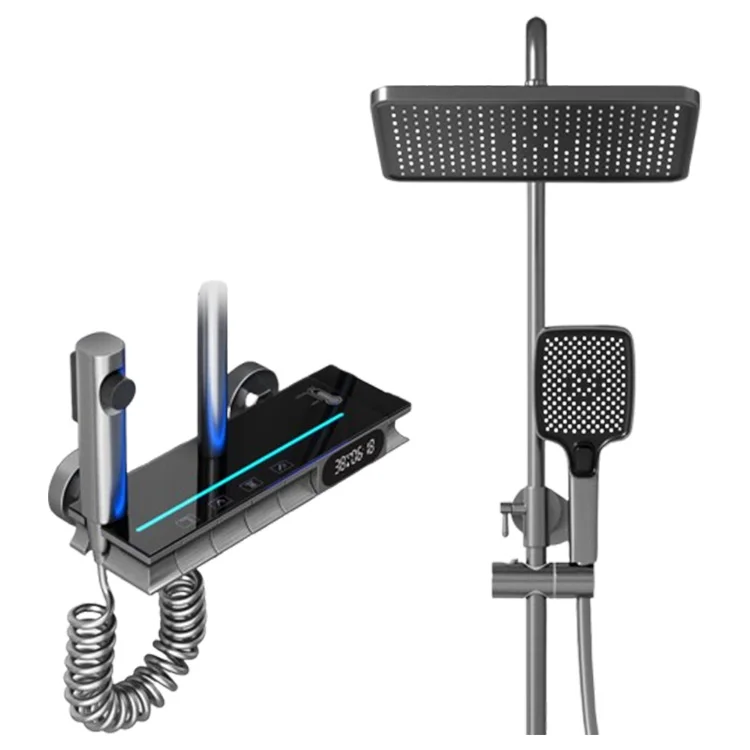 GAONUO Luxury Bathroom Brass Piano Key Rain Shower Set Wall Mounted 4 Functions Gun Grey Smart Digital Shower Faucet System