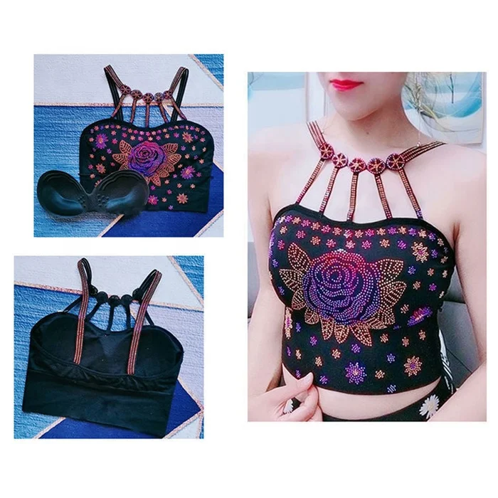 Women Summer Korean Sexy Flower Rhinestone Rose Nightclub Shiny Sequined Slim Knit Suspender Vest Sleeveless Camisoles Tank Top