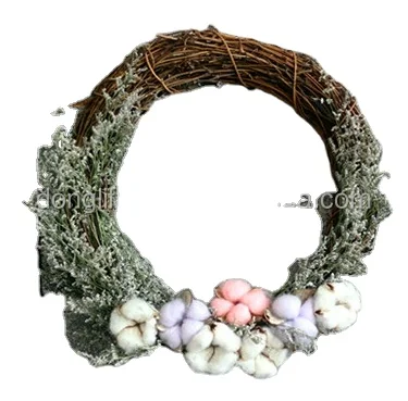 Natural Cotton ball and limonium Caspia grass flower Rattan Wreath Garland