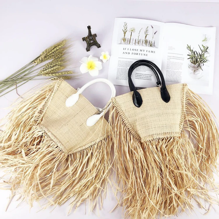 
2021 Hot Sale Beautiful Handmade Straw Purse Handbag Natural Fringe Tassel Raffia Straw beach Tote bag With Lining Fabric 