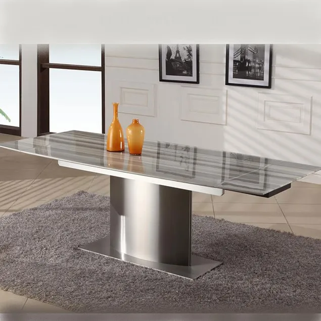 Stainless steel frame luxury furniture black metal leg extendable ceramic dining table with easy sides extension