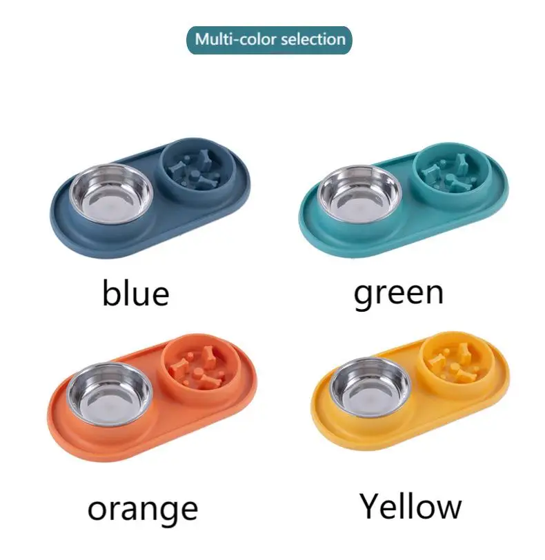 Pet Double Slow Feeder Food Water Bowls Stainless Steel Custom Outdoor Silicone Pet Double Bowl