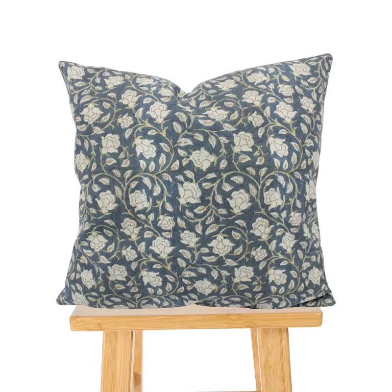 Jewel Tone Blue Green Block Print Designer Teal Floral Linen Pillow Cover, Handblock Pillow Cushion Covers
