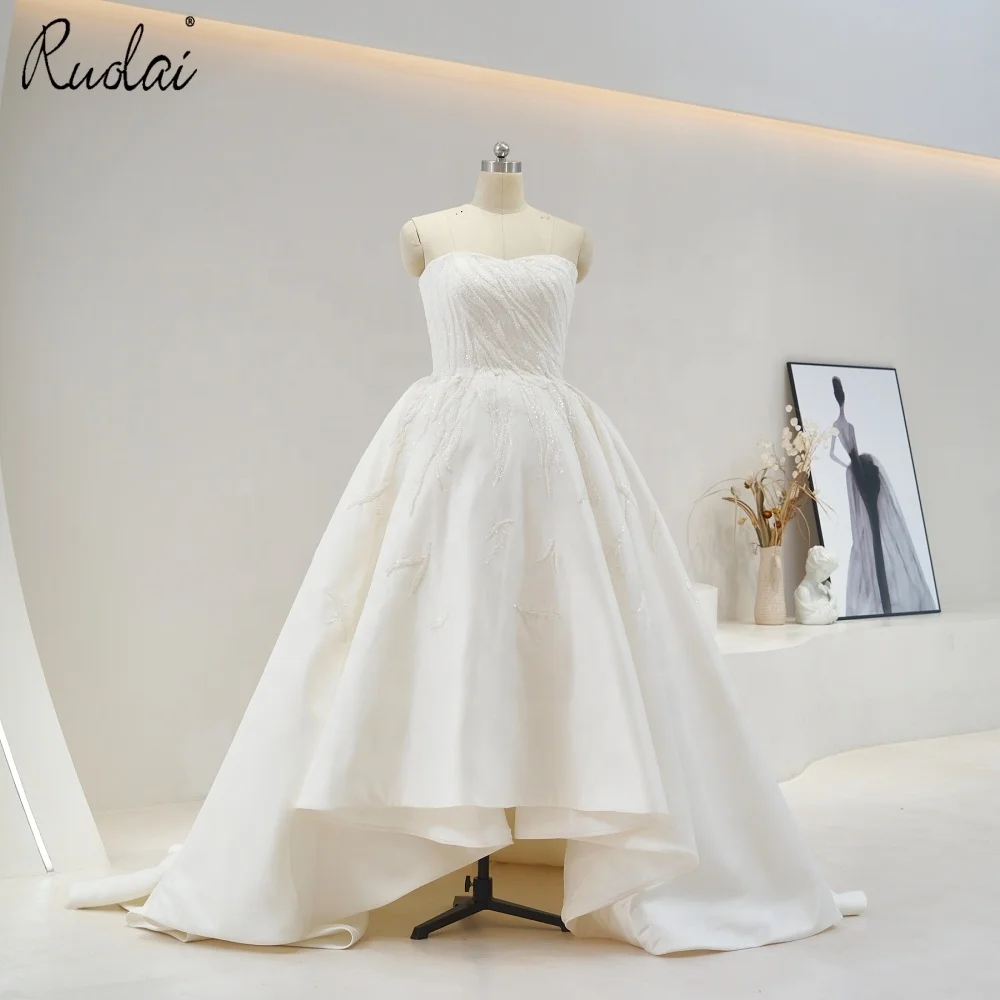 Ruolai QD06096 Strapless Beading Lace Applique High Low Wedding Bride Luxury Satin A-Line Bride Wedding Gowns